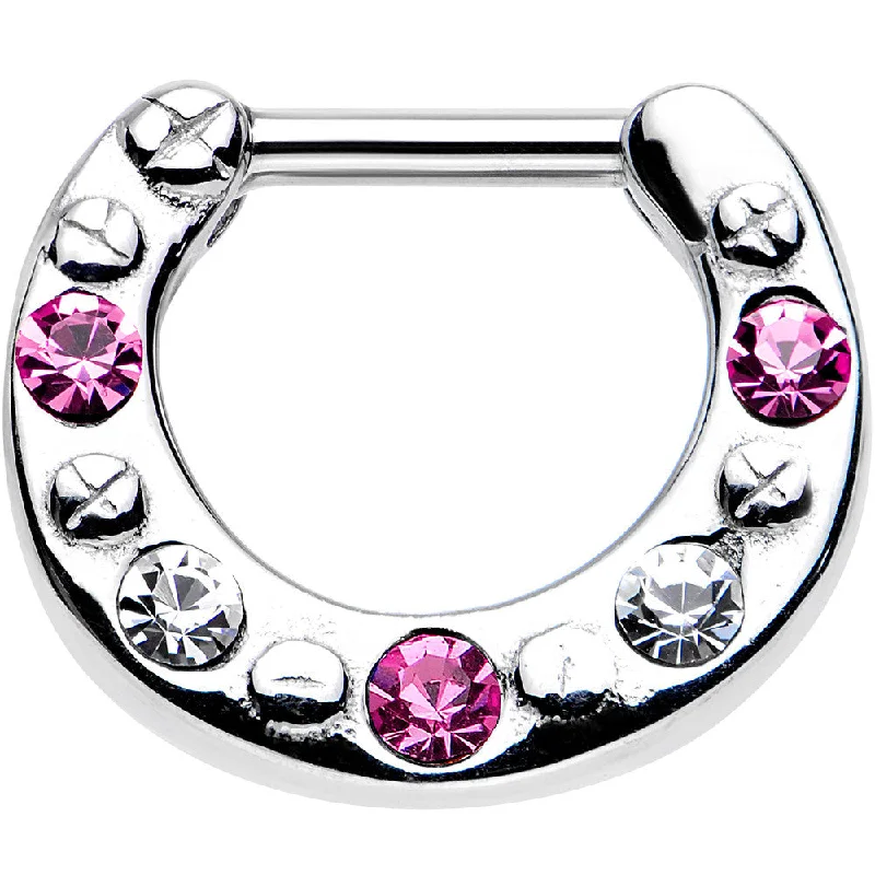 Nose Rings for Casual Cool Looks -14 Gauge 1/4 Pink and Clear Gem Steel Septum Clicker Nose Rings for Casual Cool Looks -14 Gauge 1/4 Pink and Clear Gem Steel Septum Clicker