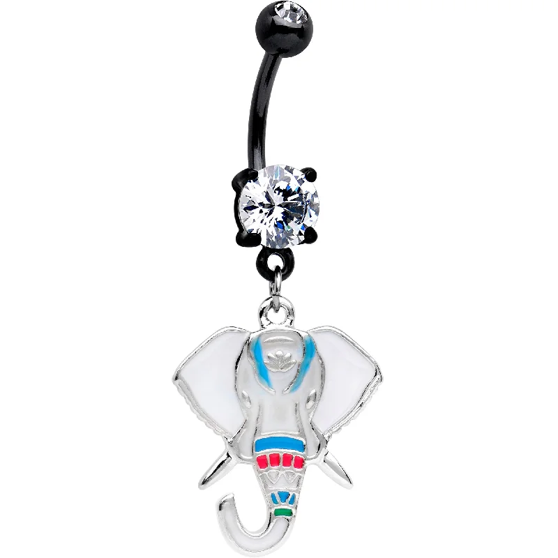Designer Belly Rings with Sleek Finish -Clear CZ Gem Black PVD White Imperial Elephant Dangle Belly Ring