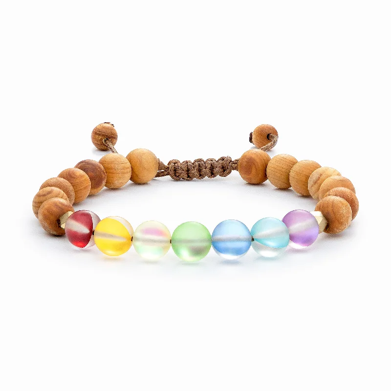 Women's Stackable Bangles in Gold-Glow Glass Chakra Wood Adjustable Bracelet