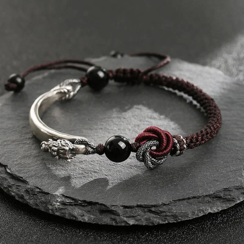Simple Bracelets for Men-Buddha Stones 925 Sterling Silver Auspicious Dragon Success Handcrafted Braided Bracelet
