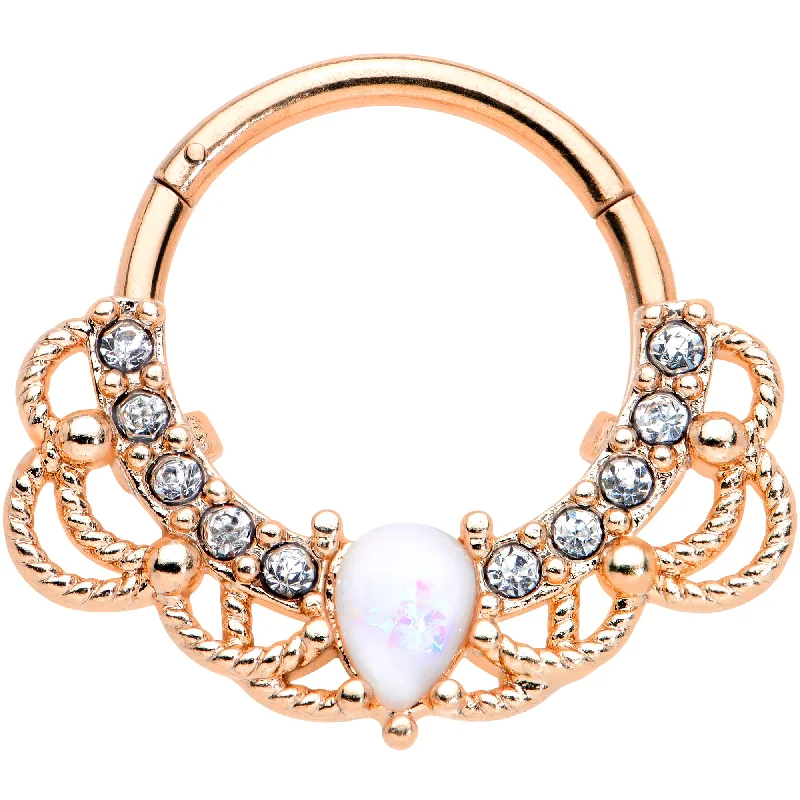 Stylish Nose Rings with Shiny Gems -16 Gauge 3/8 White Faux Opal Rose Gold Tone Lace Hinged Segment Ring Stylish Nose Rings with Shiny Gems -16 Gauge 3/8 White Faux Opal Rose Gold Tone Lace Hinged Segment Ring