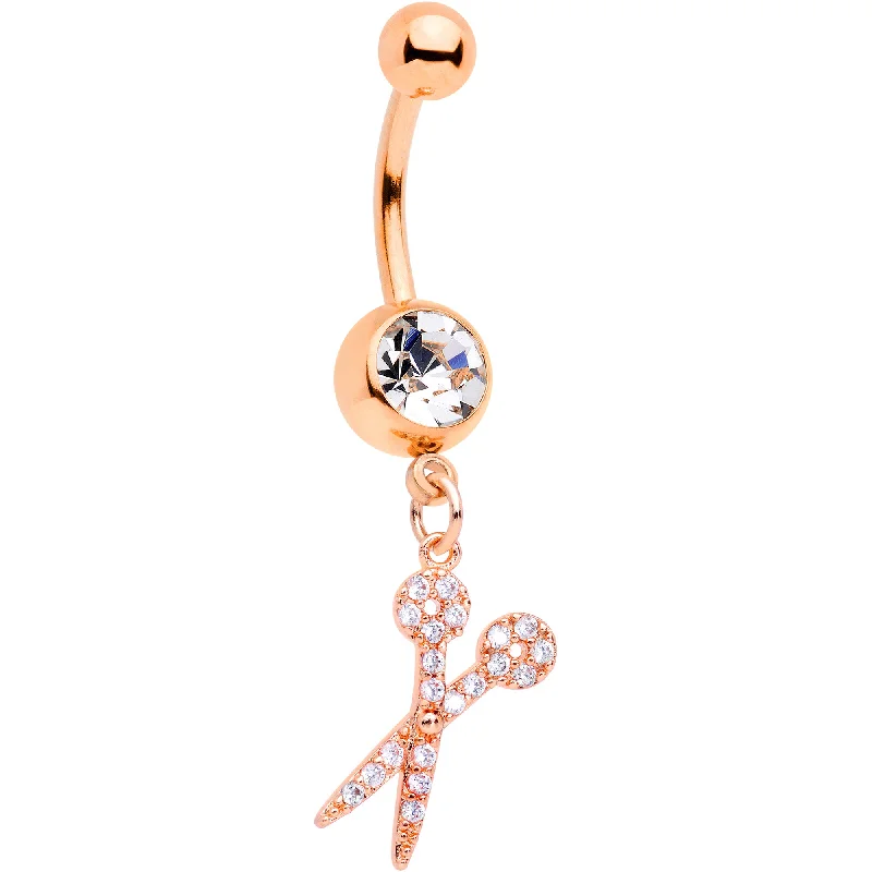 Belly Rings with Unique Shape Designs -Clear CZ Gem Rose Gold Tone Shear Scissors Dangle Belly Ring Belly Rings with Unique Shape Designs -Clear CZ Gem Rose Gold Tone Shear Scissors Dangle Belly Ring