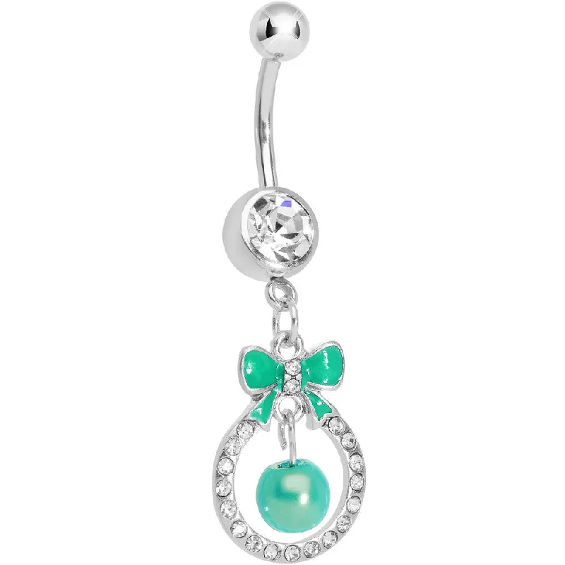 Elegant Belly Rings for Classy Style -Clear Gem Green Bow Wreathed Faux Pearl Dangle Belly Ring Elegant Belly Rings for Classy Style -Clear Gem Green Bow Wreathed Faux Pearl Dangle Belly Ring