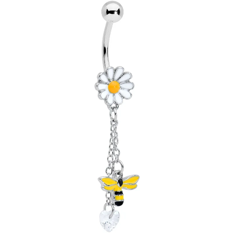 Custom Belly Rings with Personalized Designs -Clear Gem Heart Bee Daisy Flower Dangle Belly Ring Custom Belly Rings with Personalized Designs -Clear Gem Heart Bee Daisy Flower Dangle Belly Ring