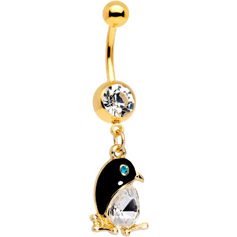 Belly Rings with Unique Shape for Stylish Piercings -Clear Gem Gold PVD Bling Bling Penguin Dangle Belly Ring Belly Rings with Unique Shape for Stylish Piercings -Clear Gem Gold PVD Bling Bling Penguin Dangle Belly Ring