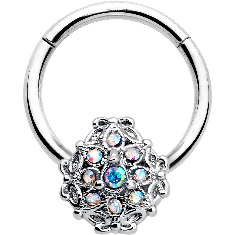 Designer Nose Rings for Bold Looks -16 Gauge 3/8 Aurora Gem Retro Sunburst Hinged Segment Ring Designer Nose Rings for Bold Looks -16 Gauge 3/8 Aurora Gem Retro Sunburst Hinged Segment Ring