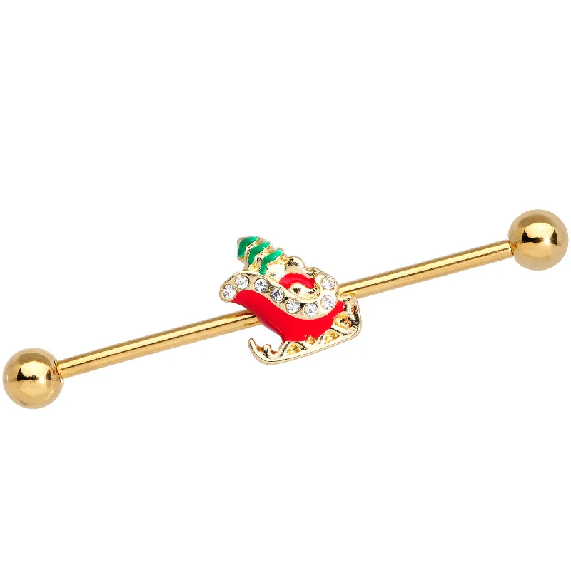 Women's Earrings – Elegant Designs for Every Personality--14 Gauge Clear Gem Gold Tone Sleigh Christmas Industrial Barbell 38mm