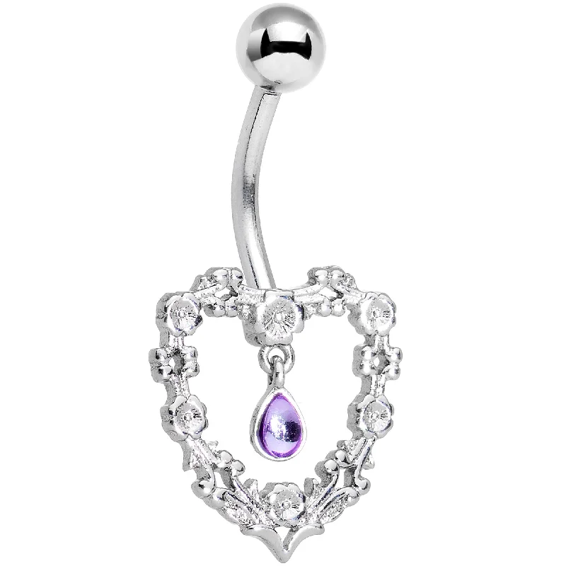 Beautiful Belly Rings for Statement Fashion -Purple Gem Dangle Floral Heart Belly Ring Beautiful Belly Rings for Statement Fashion -Purple Gem Dangle Floral Heart Belly Ring