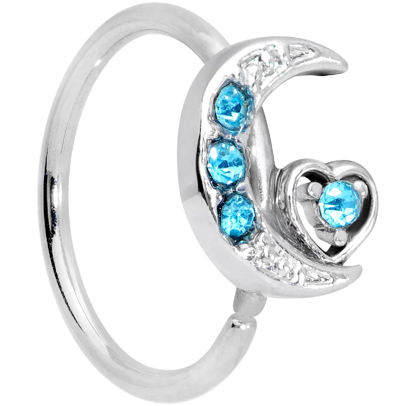 Diamond Nose Rings -20 Gauge 5/16 Aqua CZ Gem Moon Heart Nose Hoop