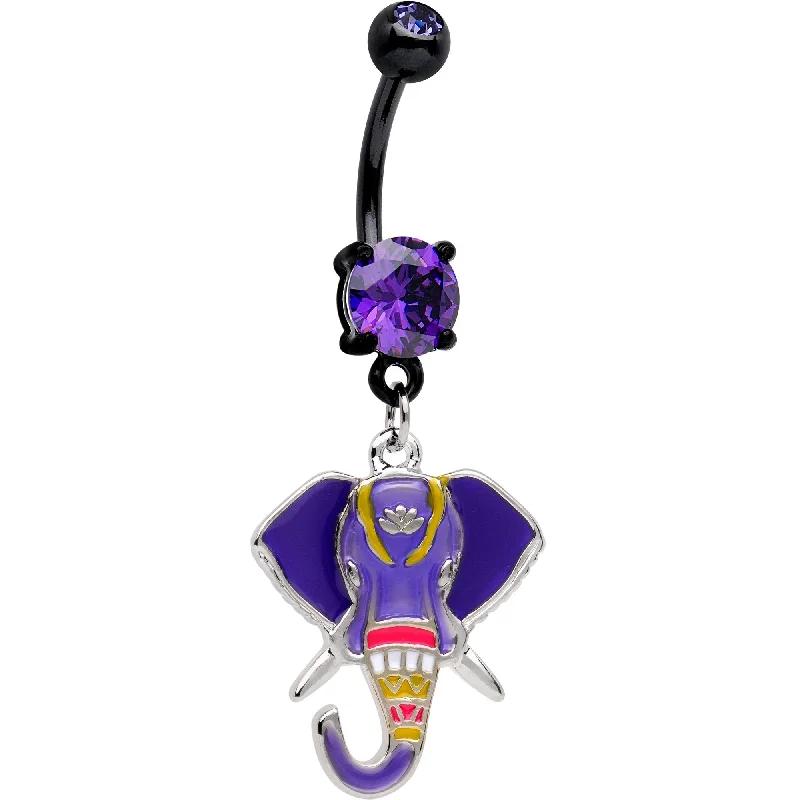 Stunning Belly Rings with Classic Design -Purple CZ Gem Black PVD Purple Imperial Elephant Dangle Belly Ring Stunning Belly Rings with Classic Design -Purple CZ Gem Black PVD Purple Imperial Elephant Dangle Belly Ring