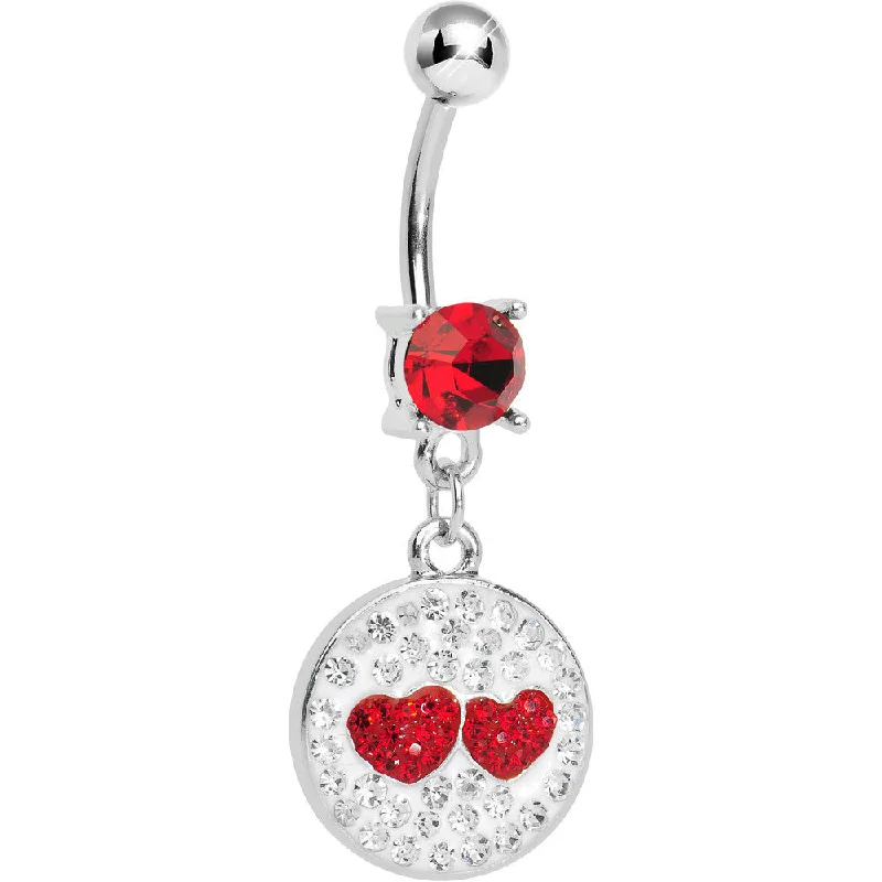 Trendy Belly Rings for Exclusive Looks -Red Clear Gem Paved Perfect Match Hearts Dangle Belly Ring Trendy Belly Rings for Exclusive Looks -Red Clear Gem Paved Perfect Match Hearts Dangle Belly Ring
