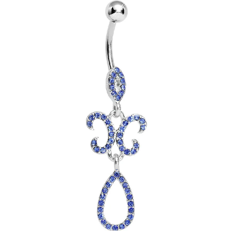 Comfortable Belly Rings with Elegant Finish -Sapphire Blue Gem Crystalline Fleur di Lis Teardrop Double Dangle Belly Ring Comfortable Belly Rings with Elegant Finish -Sapphire Blue Gem Crystalline Fleur di Lis Teardrop Double Dangle Belly Ring