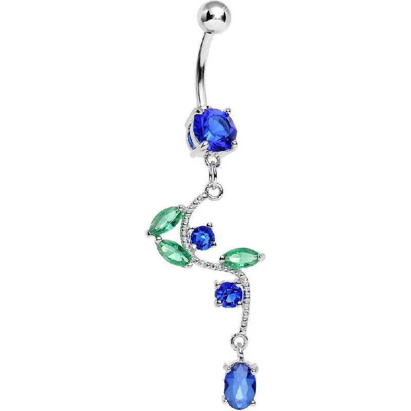Elegant Belly Rings for Classy Style -Blue Gem Budding Flower Vine Dangle Belly Ring Elegant Belly Rings for Classy Style -Blue Gem Budding Flower Vine Dangle Belly Ring