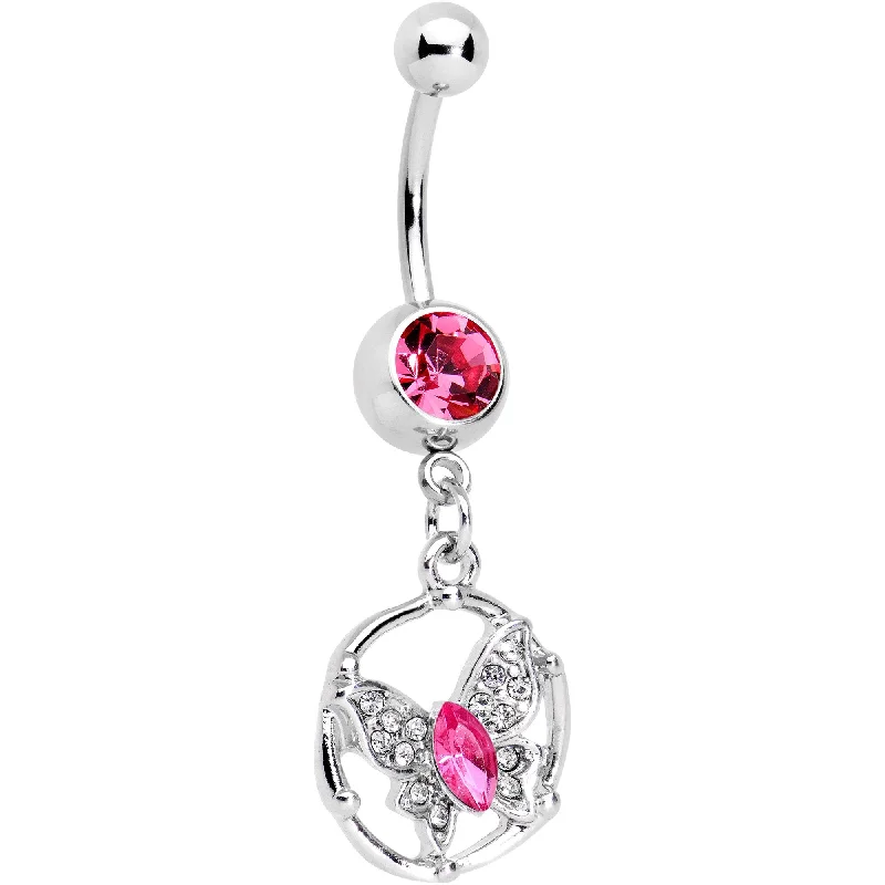 Fashionable Belly Rings with Vibrant Accents -Pink CZ Gem Butterfly Halo Dangle Belly Ring Fashionable Belly Rings with Vibrant Accents -Pink CZ Gem Butterfly Halo Dangle Belly Ring