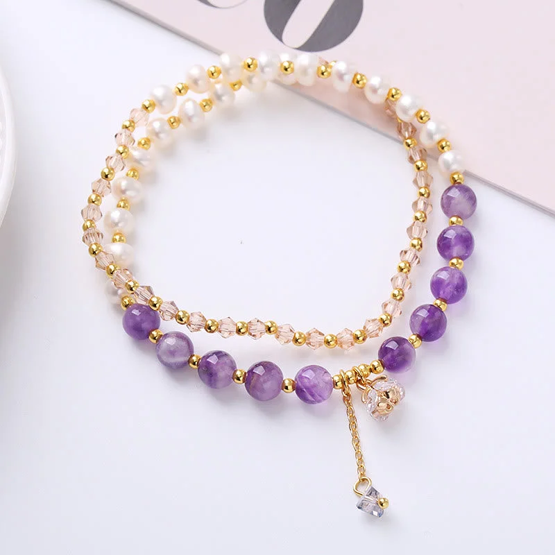 Eco-Friendly Bangles for Women-Buddha Stones Natural Amethyst Aquamarine Strawberry Quartz Pearl Peace Healing Double Wrap Bracelet