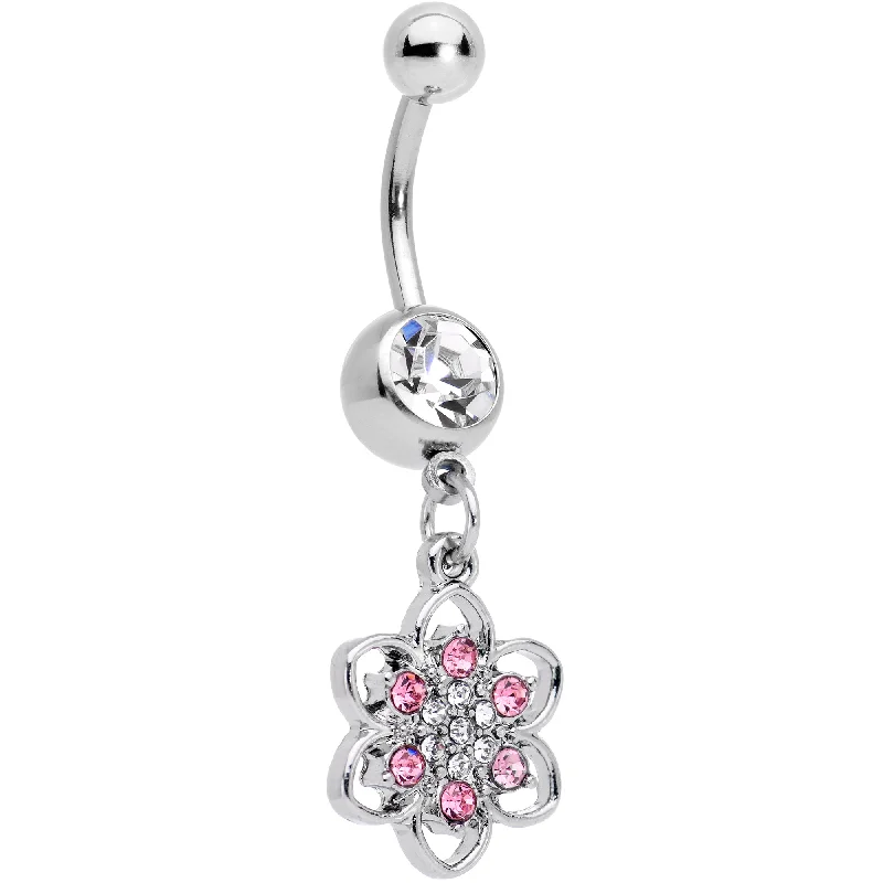 Belly Rings with Unique Features for Modern Style -Pink Clear Gem Blooming Blossom Flower Dangle Belly Ring Belly Rings with Unique Features for Modern Style -Pink Clear Gem Blooming Blossom Flower Dangle Belly Ring