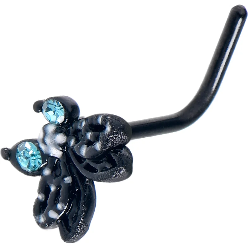 Affordable Nose Rings with Beautiful Stones -20 Gauge 7mm Blue CZ Gem Black Night Drama Butterfly L Shape Nose Ring Affordable Nose Rings with Beautiful Stones -20 Gauge 7mm Blue CZ Gem Black Night Drama Butterfly L Shape Nose Ring