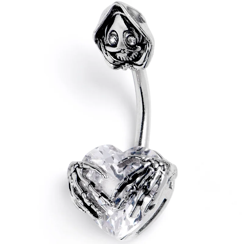 Trendy Belly Rings with Radiant Stones -Clear Gem Grim Reaper Heart Double Mount Belly Ring Trendy Belly Rings with Radiant Stones -Clear Gem Grim Reaper Heart Double Mount Belly Ring