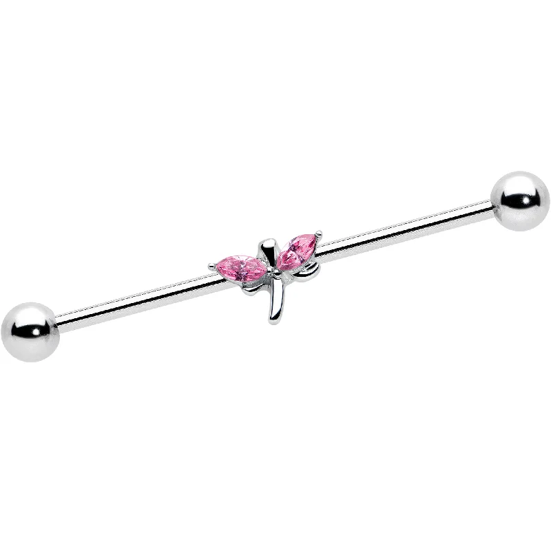 Women's Earrings – Elegant Designs for Every Personality--14 Gauge Pink Gem Simple Stylized Dragonfly Industrial Barbell 38mm
