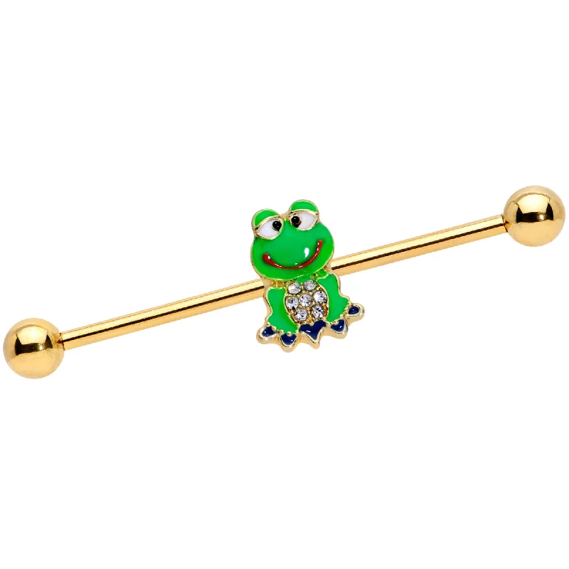 Women's Earrings – Elegant Designs for Every Personality--14 Gauge Clear Gem Gold Tone Green Goofy Frog Industrial Barbell 38mm