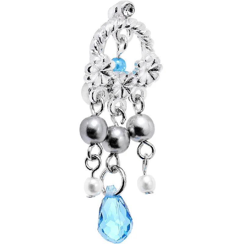 Stunning Belly Rings for Glamorous Fashion -Aqua Blue Gem Embellished Flower Crown Top Mount Dangle Belly Ring Stunning Belly Rings for Glamorous Fashion -Aqua Blue Gem Embellished Flower Crown Top Mount Dangle Belly Ring