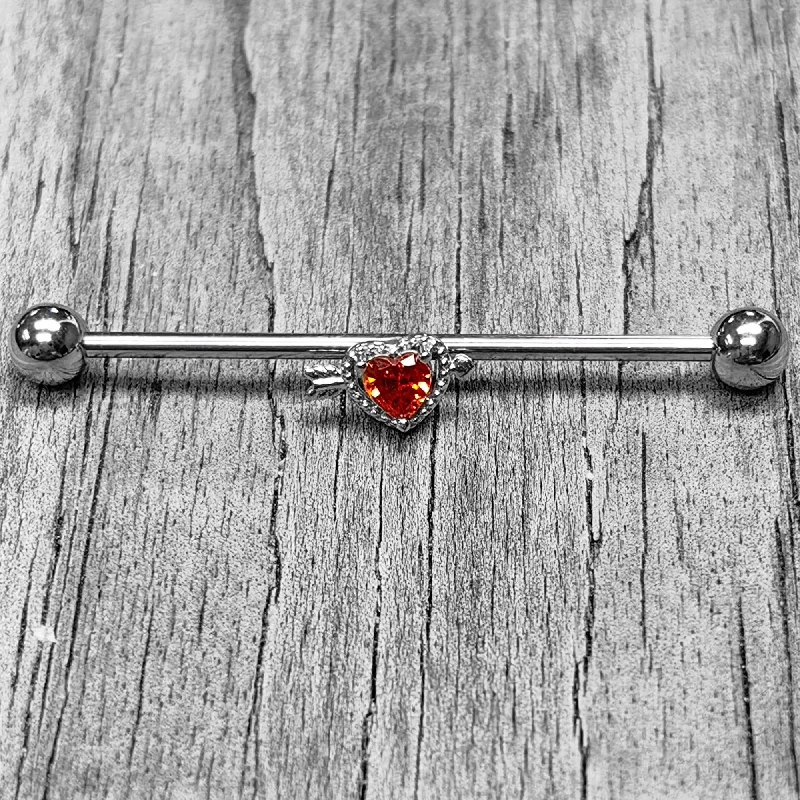 Women's Earrings – Elegant Designs for Every Personality--14 Gauge Red CZ Gem Fusion Of Love Heart Arrow Industrial Barbell 38mm