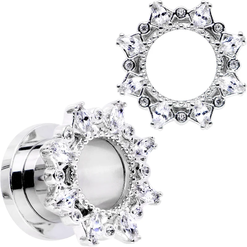 Women's Earrings – Elegant Designs for Every Personality--00 Gauge Clear Gem Flower Frame Screw Fit Tunnel Plug Set