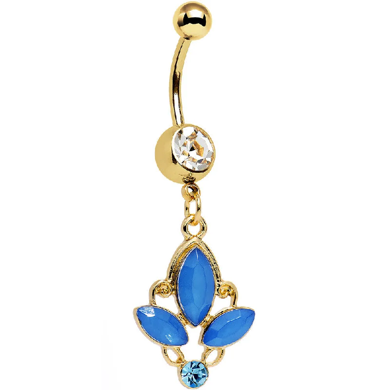 Designer Belly Rings for Glamorous Looks -Clear Blue Gem Gold PVD Fleur de Lis Dangle Belly Ring Designer Belly Rings for Glamorous Looks -Clear Blue Gem Gold PVD Fleur de Lis Dangle Belly Ring