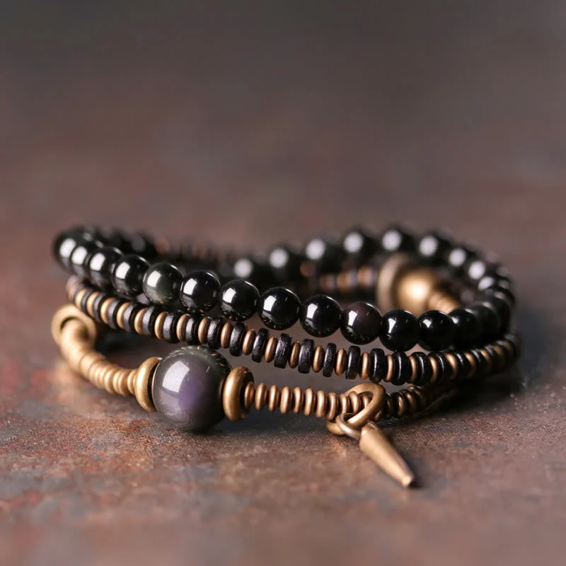 Men's Tennis Bracelets-Buddha Stones Rainbow Obsidian Ebony Wood Copper Healing Triple Wrap Bracelet Men's Tennis Bracelets-Buddha Stones Rainbow Obsidian Ebony Wood Copper Healing Triple Wrap Bracelet