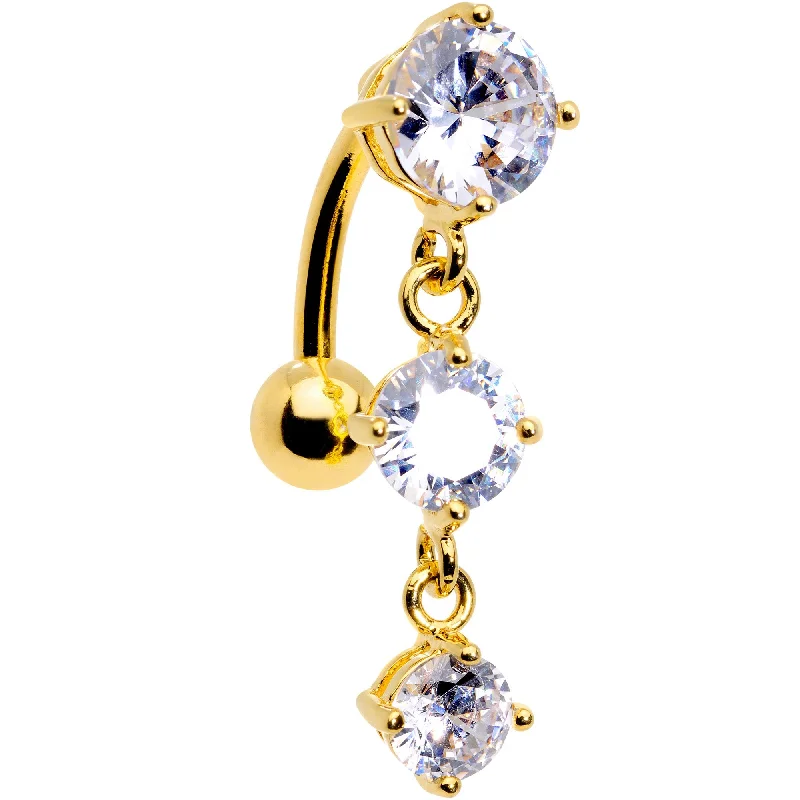 Stunning Belly Rings for Exclusive Appeal -Clear CZ Gem Gold Plated Trio Tier Top Mount Dangle Belly Ring Stunning Belly Rings for Exclusive Appeal -Clear CZ Gem Gold Plated Trio Tier Top Mount Dangle Belly Ring