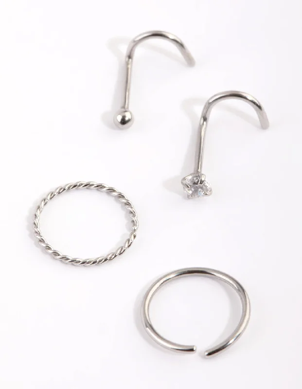 Chic Nose Rings with Unique Design -Surgical Steel Diamante Nose Ring 4-Pack