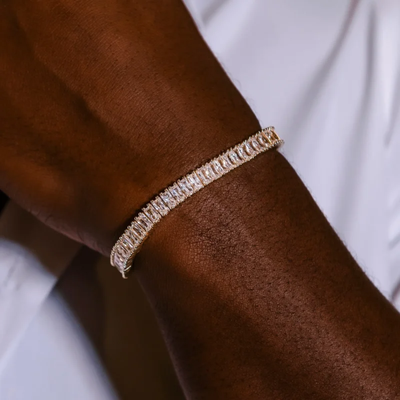 Men's Bracelets with Natural Stones-Diamond Baguette Tennis Bracelet in Yellow Gold- 6mm Men's Bracelets with Natural Stones-Diamond Baguette Tennis Bracelet in Yellow Gold- 6mm