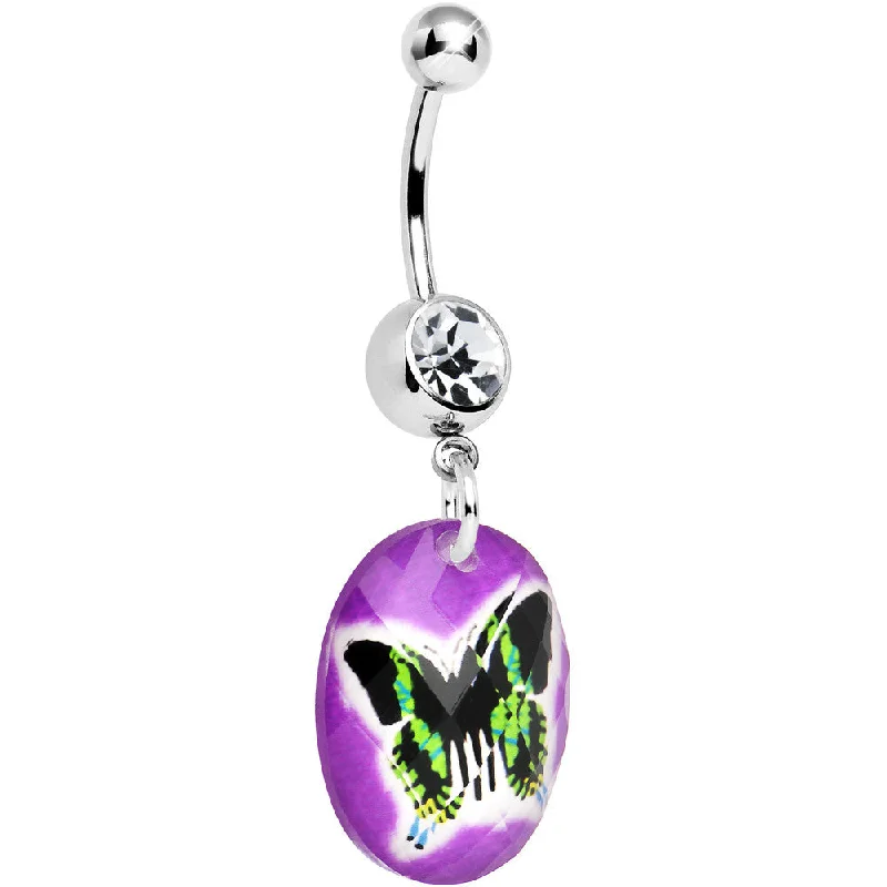 Trendy Belly Rings for Chic Women -Purple Gem Black Butterfly Dangle Belly Ring