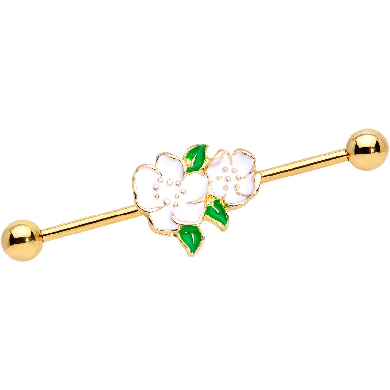 Women's Earrings – Elegant Designs for Every Personality--14 Gauge Gold Tone White Gardenia Flower Industrial Barbell 38mm