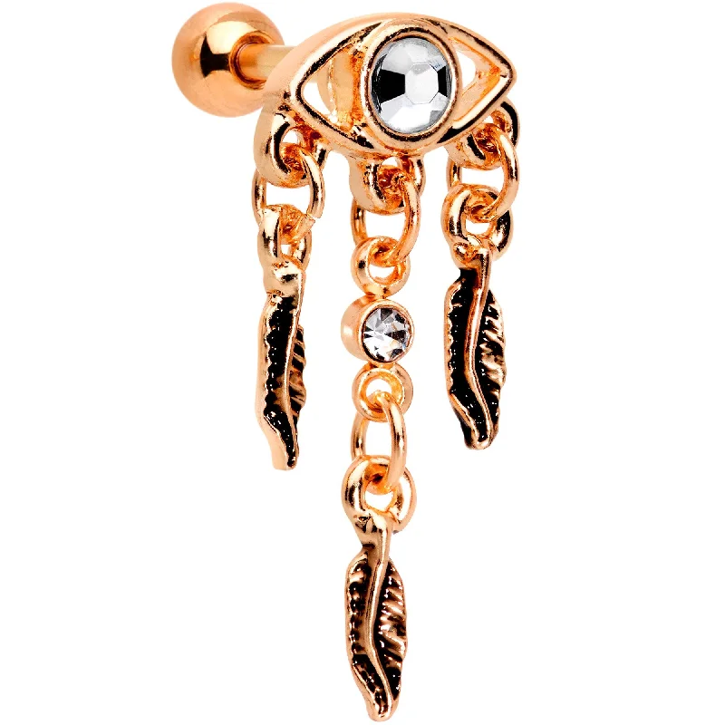 Women's Earrings – Elegant Designs for Every Personality--16 Gauge Clear Gem Rose Gold Tone Eye Feather Cartilage Tragus Earring