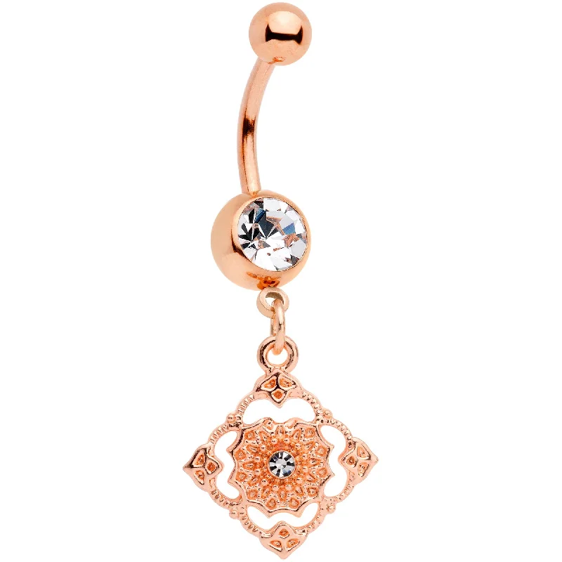 Stunning Belly Rings for Exclusive Appeal -Clear Gem Rose Gold Tone Art Deco Elegance Dangle Belly Ring Stunning Belly Rings for Exclusive Appeal -Clear Gem Rose Gold Tone Art Deco Elegance Dangle Belly Ring