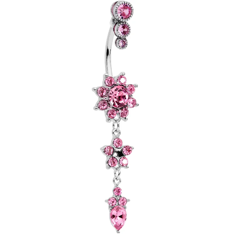 Trendy Belly Rings for Bold Fashionistas -Pink Gem Triple Top Double Flower Drop Dangle Belly Ring