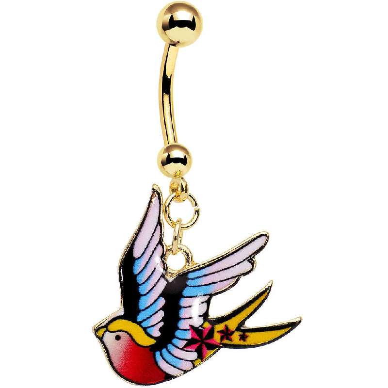 Comfortable Belly Rings with Unique Detailing -Gold Anodized Steel Tattoo Flash Sparrow Bird Dangle Belly Ring Comfortable Belly Rings with Unique Detailing -Gold Anodized Steel Tattoo Flash Sparrow Bird Dangle Belly Ring