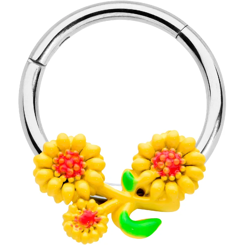 Women's Earrings – Elegant Designs for Every Personality--16 Gauge 3/8 Happy Yellow Sunflower Trio Hinged Segment Ring