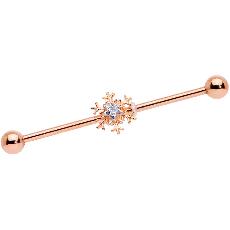 Women's Earrings – Elegant Designs for Every Personality--14 Gauge Clear Gem Rose Gold Tone Snowflake Industrial Barbell 38mm