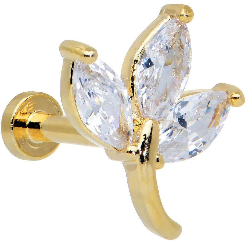 Affordable Lip Rings with High-End Design16 Gauge 1/4 Clear CZ Gem Gold Tone Leaves Internal Thread Labret