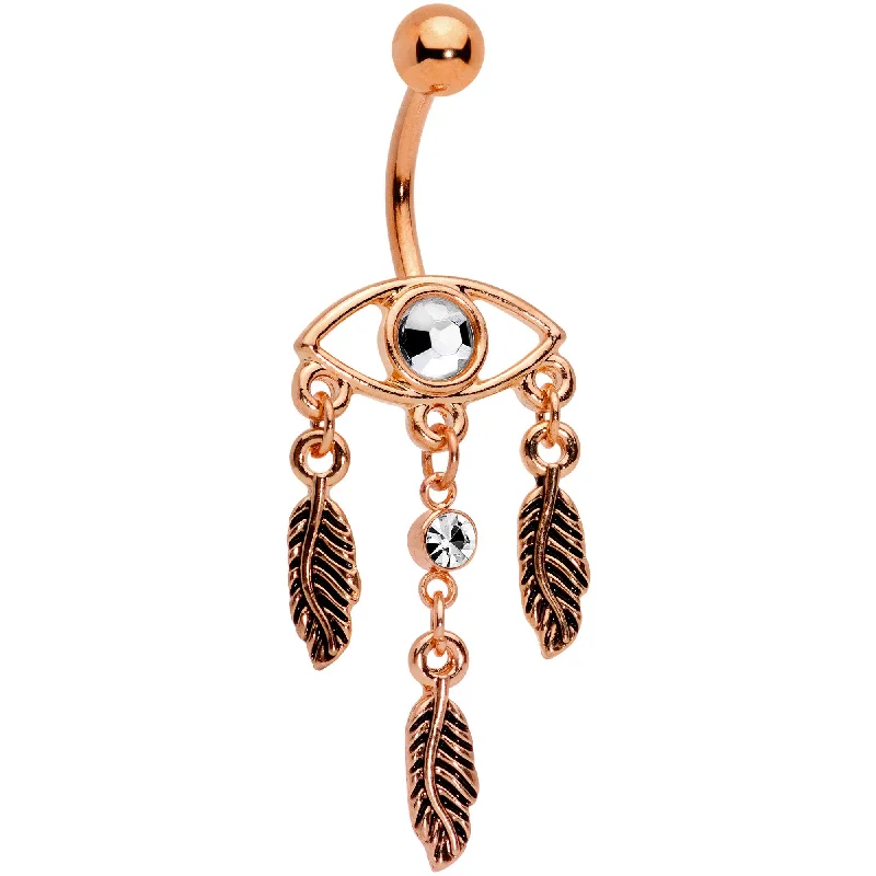 Comfortable Belly Rings with Special Design -Clear Gem Rose Gold Tone A Vision Of Feathers Dangle Belly Ring