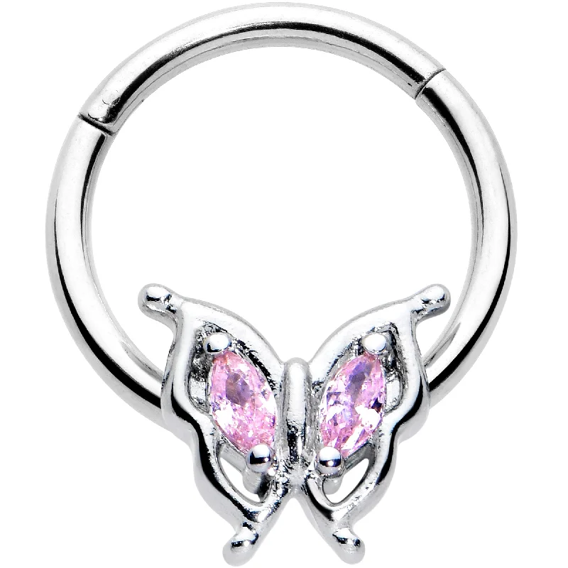Nose Rings for Urban Look -16 Gauge 3/8 Pink Gem Fancy Fab Butterfly Hinged Segment Ring