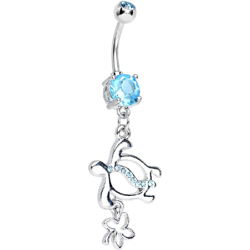 Stylish Belly Rings for Fashionable Look -Aqua CZ Turtle with Clover Dangle Belly Ring Stylish Belly Rings for Fashionable Look -Aqua CZ Turtle with Clover Dangle Belly Ring