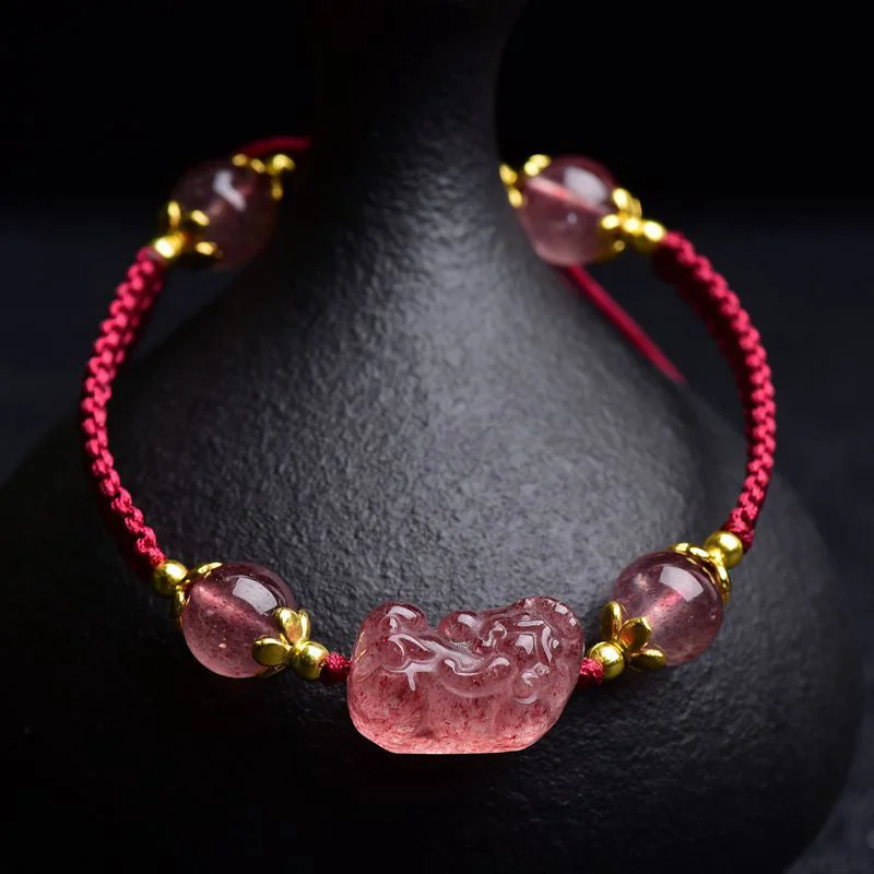 Artistic Bangles for Women-Buddha Stones Natural Strawberry Crystal Pixiu Charm Lucky Red String Bracelet