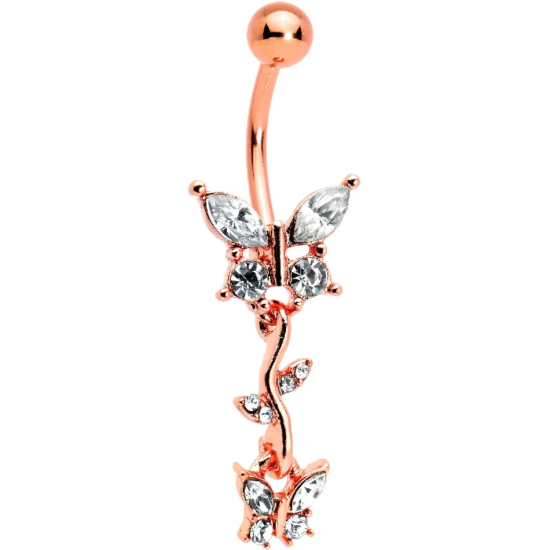 Sparkling Belly Rings with Beautiful Stone Work -Clear Gem Rose Gold Tone Vine Butterfly Dangle Belly Ring Sparkling Belly Rings with Beautiful Stone Work -Clear Gem Rose Gold Tone Vine Butterfly Dangle Belly Ring