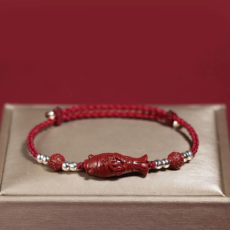 Women's Bangle Bracelets-Buddha Stones 925 Sterling Silver Koi Fish Cinnabar Fu Character Copper Coin Wealth Braided Bracelet
