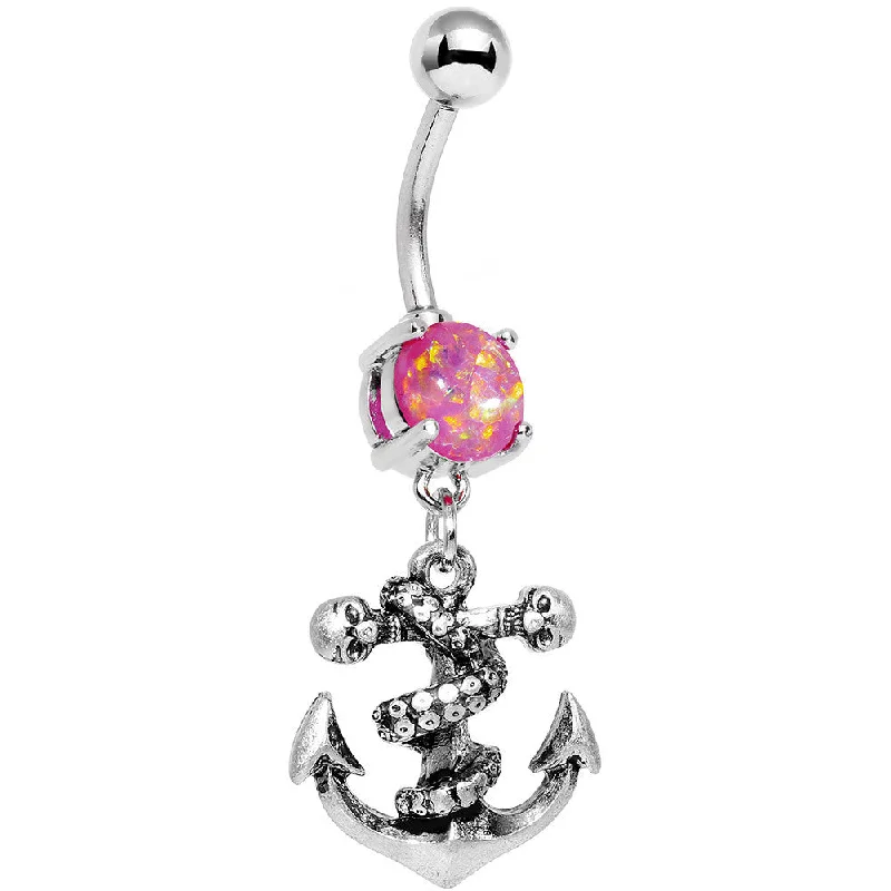 Beautiful Belly Rings with Dazzling Shine -Pink Faux Opal Pirate Skull Nautical Anchor Dangle Belly Ring Beautiful Belly Rings with Dazzling Shine -Pink Faux Opal Pirate Skull Nautical Anchor Dangle Belly Ring