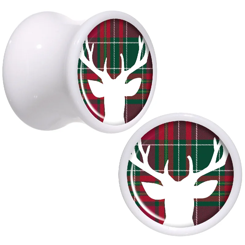 Women's Earrings – Elegant Designs for Every Personality--Red Green Plaid Reindeer White Acrylic Saddle Plug Set Sizes 5mm to 20mm Women's Earrings – Elegant Designs for Every Personality--Red Green Plaid Reindeer White Acrylic Saddle Plug Set Sizes 5mm to 20mm