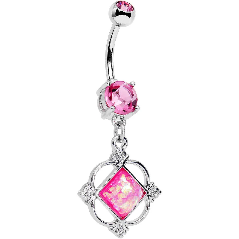 Trendy Belly Rings with Glittering Stones -Pink Faux Opal Pink Gem Fancy Pants Frame Dangle Belly Ring Trendy Belly Rings with Glittering Stones -Pink Faux Opal Pink Gem Fancy Pants Frame Dangle Belly Ring